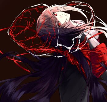 Rule 34 | 1girl, black hair, breasts, bridal veil, brown background, closed mouth, commentary request, highres, hood, japanese clothes, kimono, limbus company, long hair, looking at viewer, looking back, obi, project moon, red eyes, red sash, ritaritatter96, ryoshu (project moon), sash, see-through clothes, shiromuku, simple background, small breasts, solo, uchikake, veil, veins, wataboushi, white kimono