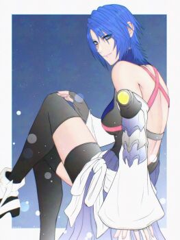 1girl aqua_(kingdom_hearts) backless_outfit black_shorts black_thighhighs blue_background blue_eyes blue_hair boots border breasts chest_strap closed_mouth detached_sleeves feet_out_of_frame fingerless_gloves floating gloves hair_between_eyes halterneck highres kingdom_hearts kingdom_hearts_birth_by_sleep light_smile looking_at_viewer lux_spei medium_breasts medium_hair sash shorts solo thighhighs waist_sash white_boots white_border white_sleeves