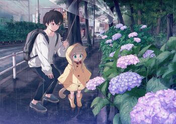 1boy 1girl 40hara animal_ears artist_self-insert backpack bag black_eyes black_hair blunt_bangs cat_ears cat_girl cat_tail collar commentary_request flower green_eyes highres holding holding_umbrella hydrangea kinako_(40hara) light_brown_hair long_hair original outdoors rain raincoat red_collar short_hair tail umbrella yellow_raincoat