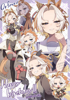 absurdres ascot black_ascot black_boots black_bow black_gloves black_jacket black_skirt blue_eyes blush boots bow forehead gloves grin heart heart_hands highres jacket koroeda6 long_hair one_eye_closed open_mouth orfevre_(control)_(umamusume) orfevre_(umamusume) pencil_skirt purple_shirt sailor_collar school_uniform shirt skirt smile thigh_boots tracen_school_uniform umamusume white_jacket white_sailor_collar