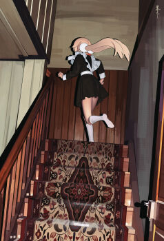 1girl absurdres ankle_socks blonde_hair carpet dress frilled_dress frills from_behind highres kiriyaukiyoe low_twintails maid original pointy_ears running school_uniform socks soviet soviet_school_uniform stairs twintails