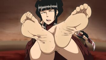 1girl absurdres annoyed avatar:_the_last_airbender avatar_legends barefoot black_hair black_nails blunt_bangs blurry blurry_background commentary double_bun english_commentary feet feet_up fingerless_gloves fingernails foot_focus foreshortening gloves hair_bun highres holding holding_weapon kiryu_artwork looking_afar mai_(avatar) nail_polish presenting_foot sharp_fingernails sitting soles solo toes weapon