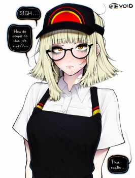 1girl apron avril_(teyoid) black-framed_eyewear black_apron blonde_hair blunt_bangs blush brown_eyes closed_mouth collared_shirt commentary english_commentary english_text glasses highres looking_at_viewer original shirt short_hair short_sleeves sigh simple_background solo speech_bubble sweat t-shirt talking teyoid upper_body visor_cap white_background white_shirt