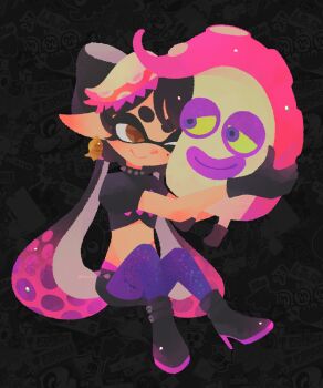 1girl ;> black_background black_gloves black_hair black_shirt black_shoes black_shorts boots bow-shaped_hair brown_eyes callie_(octo_idol_outfit)_(splatoon) callie_(splatoon) collar colored_sclera colored_shoe_soles commentary creature crop_top english_commentary eyeliner eyeshadow gloves high_heel_boots high_heels highres holding holding_creature inkling looking_at_another makeup nintendo octarian_(enemy) octopus_hair_ornament octopus_sausage_earrings octotrooper one_eye_closed pantyhose pointy_ears puffy_short_sleeves puffy_sleeves purple_eyeshadow purple_lips purple_pantyhose seainspanish shirt shoes short_eyebrows short_shorts short_sleeves shorts sitting smile spiked_collar spiked_shorts spikes splatoon_(series) splatoon_2 star-shaped_pupils star_(symbol) symbol-shaped_pupils tareme tentacle_hair thick_lips twintails yellow_sclera