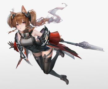 1girl absurdres angelina_(arknights) animal_ear_fluff animal_ears arknights arknights:_endfield awr bare_shoulders black_dress black_gloves black_shoes black_thighhighs brown_hair coat commentary_request copyright_name diamond-shaped_pupils diamond_(shape) dress extra_ears fang floating fox_ears fox_girl full_body gilberta_(arknights) gloves grey_dress highres holding holding_staff infection_monitor_(arknights) long_hair looking_at_viewer open_mouth red_coat shoes skin_fang sleeveless sleeveless_dress solo staff symbol-shaped_pupils thighhighs twintails two-tone_dress