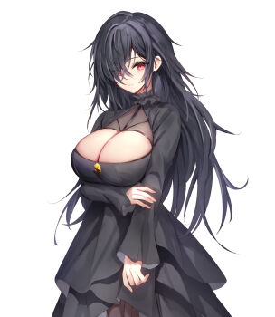 1girl :/ absurdres arm_under_breasts black_dress black_hair black_pantyhose breasts cleavage cleavage_cutout clothing_cutout commentary_request danshi_kinsei_game_sekai_de_ore_ga_yarubeki_yuiitsu_no_koto_yuri_no_ma_ni_hasamaru_otoko_to_shite_tensei_shite_shimaimashita dress gold hair_over_one_eye haishiki highres holding_own_arm huge_breasts kokusa_ai_(yurihasa) long_hair official_art pantyhose red_eyes solo very_long_hair white_background