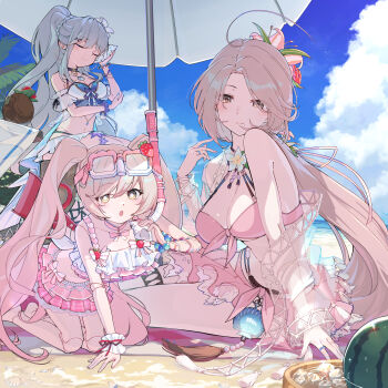 Rule 34 | 3girls, :o, adina savic, ahoge, aqua nails, beach, bikini, black survival, blue bikini, blue sky, blush, breasts, bright pupils, brown hair, chloe lim, cleavage, closed mouth, cloud, cloudy sky, coconut, coconut cup, coffee1223, commentary request, day, doll joints, eternal return: black survival, eyewear on head, fingernails, flower, frilled skirt, frills, fruit as cup, grey hair, highres, holding seashell, jewelry, joints, kneeling, large breasts, long fingernails, long hair, looking at viewer, microskirt, mole, mole under mouth, multicolored bikini, multiple girls, nail polish, navel, nina (black survival), ocean, open mouth, outdoors, pink bikini, pink hair, pink nails, pink skirt, ponytail, ring, sand, sitting, skirt, sky, sleeveless, starfish, stomach, swimsuit, twintails, two-tone bikini, under umbrella, white bikini, white flower, white pupils, yellow eyes