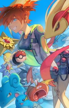 Rule 34 | 1girl, asymmetrical hair, blue eyes, breasts, cloyster, day, gen 1 pokemon, gen 2 pokemon, gen 3 pokemon, grin, gyarados, gym leader, highres, holding, holding poke ball, jacket, lapras, long sleeves, looking at viewer, magikarp, marill, milotic, misty (pokemon), nintendo, open mouth, orange hair, outdoors, poke ball, poke ball (basic), pokemon, pokemon frlg, ponytail, psyduck, red eyes, shirt, shjjy296, short hair, shorts, side ponytail, smile, standing, starmie, staryu, teeth