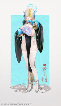 absurdres asuna_(blue_archive) blackcat_enjia blonde_hair blue_archive blue_eyes blue_halo breasts chinese_clothes hair_over_one_eye halo highres jiangshi jiangshi_costume large_breasts long_hair looking_at_viewer mole mole_on_breast ofuda outstretched_arms pelvic_curtain smile solo talisman