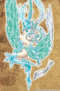 1girl armor armored_boots armored_dress black_clover blue_halo book boots copyright_name crown dress ear_ornament full_body gauntlets grey_hair grimoire halo high_heel_boots high_heels highres holding holding_sword holding_weapon liquid_hair long_hair looking_at_viewer low_twintails noelle_silva official_art open_book pink_eyes solo sword tabata_yuuki thighs third-party_source twintails valkyrie water water_wings weapon