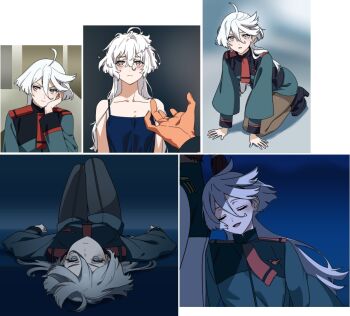 2girls asticassia_school_uniform baesong black_pantyhose blue_camisole camisole commentary_request derivative_work green_jacket green_shorts grey_eyes gundam gundam_suisei_no_majo jacket kneeling korean_commentary long_hair miorine_rembran multiple_girls pantyhose reaching reaching_towards_another school_uniform screenshot_redraw shorts smile solo_focus suletta_mercury white_hair white_jacket