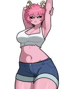 1girl :i areola_slip arm_behind_head arm_up armpits ashido_mina black_sclera boku_no_hero_academia breasts cleavage collarbone colored_sclera colored_skin cowboy_shot crop_top denim denim_shorts highres horns looking_at_viewer midriff muds navel pink_hair pink_skin short_hair shorts simple_background solo stomach thick_thighs thighs white_background yellow_eyes