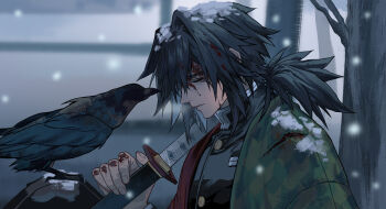 1boy battle_damage black_jacket demon_slayer_uniform gold_buttons haori highres jacket japanese_clothes katana kikkoumon kimetsu_no_yaiba low_ponytail male_focus ponytail print_haori solo spiked_hair sword tomioka_giyuu weapon whd5er