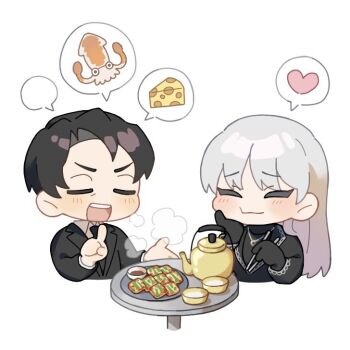 1boy 1girl :3 angelica_(project_moon) black_gloves black_necktie black_sweater blush closed_eyes closed_mouth collared_shirt commentary_request cup gloves heart kitaku_(ienikaeru) library_of_ruina long_hair necktie plate project_moon roland_(project_moon) shirt simple_background smile spoken_heart sweater table teapot v-shaped_eyebrows very_long_hair white_background white_hair white_shirt