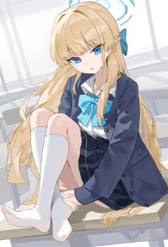 1girl absurdres black_jacket black_skirt blonde_hair blue_archive blue_bow blue_bowtie blue_eyes blue_halo bow bowtie braid classroom commentary_request crossed_ankles desk fang5hine hair_intakes half_up_braid halo highres hugging_own_legs indoors jacket long_hair long_sleeves looking_at_viewer on_desk open_clothes open_jacket open_mouth school_desk school_uniform shirt sitting skirt socks soles solo thighs toki_(blue_archive) toki_(school_uniform)_(blue_archive) white_shirt white_socks