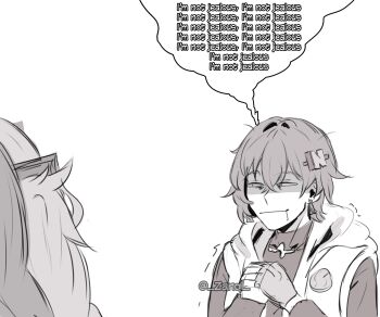 3girls absurdres belle_(zenless_zone_zero) black_shirt closed_mouth commentary crossed_bangs earrings english_commentary english_text fingerless_gloves gloves greyscale hair_between_eyes hair_ornament half-closed_eyes highres jewelry letter_hair_ornament long_hair looking_at_another monochrome multiple_girls shirt short_hair simple_background single_fingerless_glove sleeveless sleeveless_jacket speech_bubble trigger_(zenless_zone_zero) tsukishiro_yanagi twitter_username white_background yuri zanqi zenless_zone_zero