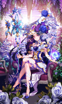 1girl black_hair blue_flower breasts cleavage commission crossed_legs dress flower hat high_heels highres holding kiwikong long_hair looking_at_viewer original purple_eyes rose sensitive sitting solo staff throne weapon witch_hat