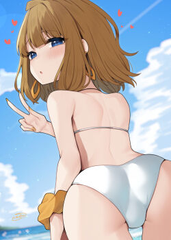 1girl ass bikini binsen blue_eyes brown_hair day earrings fingernails from_behind hand_up heart highres hoop_earrings idolmaster idolmaster_million_live! jewelry long_fingernails looking_at_viewer looking_back nail_polish outdoors parted_lips scrunchie short_hair solo standing suou_momoko swimsuit v white_bikini wrist_scrunchie yellow_nails yellow_scrunchie