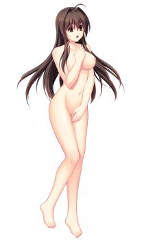 1girl :o ahoge barefoot breasts brown_eyes brown_hair collarbone completely_nude covering_crotch covering_privates full_body game_cg hair_intakes highres large_breasts large_variant_set long_hair maishima_yuri navel nerawareta_megami_tenshi_angel_tear nipples no_pussy non-web_source nude official_art open_mouth solo transparent_background tsukumo_kazuita variant_set