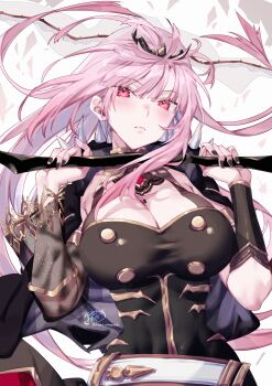 1girl absurdres belt black_dress black_nails black_tiara bracer breasts cleavage detached_sleeves dress highres holding holding_scythe hololive hololive_english hood kamiya_maneki large_breasts looking_at_viewer mori_calliope mori_calliope_(1st_costume) pink_hair red_eyes scythe tiara veil virtual_youtuber white_belt
