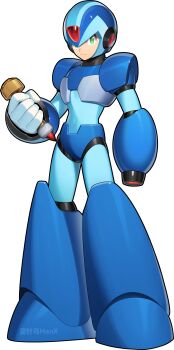 1boy absurdres android arm_cannon armor blue_armor blue_helmet buzzsaw_(6631455) closed_mouth forehead_jewel full_body gloves green_eyes helmet highres holding holding_weapon inafune_keiji_(style) male_focus mega_man_(series) mega_man_x_(series) official_style robot robot_ears simple_background smile solo standing weapon white_background white_gloves x_(mega_man) z_saber