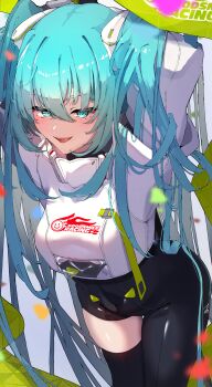 1girl absurdres black_thighhighs blue_eyes blue_hair blush breasts hair_ornament hatsune_miku highres long_hair open_mouth racing_miku smile teasan thighhighs thighs vocaloid