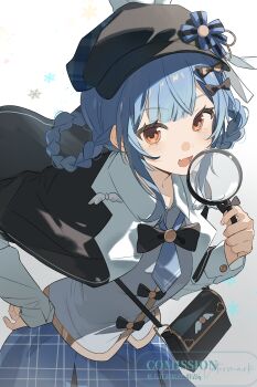 1girl :d absurdres artist_request black_bag black_bow black_capelet black_hat blue_hair blue_skirt blunt_bangs bow braid braided_hair_rings capelet chinese_commentary collared_shirt commentary_request commission cowboy_shot deerstalker detective grey_background grey_vest hair_bow hair_rings hand_on_own_hip hand_up hat highres holding holding_magnifying_glass leaning_forward long_sleeves looking_at_viewer magnifying_glass mahou_shoujo_no_majo_saiban open_mouth plaid_clothes plaid_skirt pleated_skirt sample_watermark second-party_source shirt short_hair skirt smile solo tachibana_sherry vest watermark white_shirt yellow_eyes