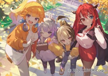 4girls :d ahoge black_jacket blonde_hair blue_eyes blue_overalls book brown_hair brown_pantyhose commentary_request company_name copyright_notice earrings feather_earrings feathers full_body gigi_murin gradient_hair harufude headphones headphones_around_neck heterochromia holding holding_book hololive hololive_english horns huge_ahoge irys_(hololive) jacket jewelry koseki_bijou multicolored_hair multiple_girls official_art one_eye_closed open_clothes open_jacket open_mouth orange_hair orange_jacket overalls pantyhose pink_eyes pointy_ears ponytail purple_eyes purple_hair red_eyes red_hair red_skirt shirt shoes skirt smile takanashi_kiara teeth tongue two-tone_hair upper_teeth_only virtual_youtuber white_hair white_shirt white_shoes yellow_shirt