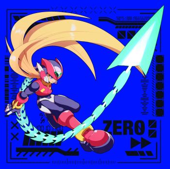 Rule 34 | 1boy, armor, attack, blonde hair, blue background, boots, chain, character name, energy blade, forehead jewel, full body, helmet, highres, long hair, mega man (series), mega man zero (series), mega man zero 2, no-rishio, red armor, red boots, red helmet, solo, zero(z) (mega man), zero (mega man)