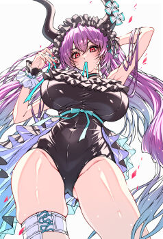 1girl absurdres arknights black_choker black_hairband black_horns black_one-piece_swimsuit blue_hair blue_ribbon blush breasts choker closed_mouth commentary covered_navel eyelashes fake_horns feet_out_of_frame flower frilled_hairband frilled_one-piece_swimsuit frilled_wrist_cuffs frills from_below furrowed_brow gluteal_fold gradient_hair groin hairband highres horn_flower horns large_breasts long_hair looking_at_viewer mouth_hold multicolored_hair nail_polish official_alternate_costume one-piece_swimsuit purple_hair red_eyes red_nails ribbon ribbon_in_mouth shiny_clothes shiny_skin shokikanes simple_background skindentation solo standing swimsuit thigh_strap thighs typhon_(arknights) typhon_(temperature_difference)_(arknights) very_long_hair white_background wrist_cuffs