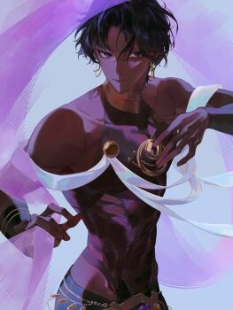 1boy arjuna_(celebratory_attire)_(fate) arjuna_(fate) bare_shoulders bishounen black_eyes black_hair closed_mouth covered_navel dancer dark-skinned_male dark_skin earrings fate/grand_order fate_(series) halter_shirt halterneck highres hoop_earrings indian_clothes jewelry male_focus parted_bangs purple_shawl sash shawl shei99 shirt short_hair sleeveless smile solo tight_clothes tight_shirt upper_body wavy_hair white_sash