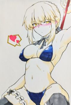 Rule 34 | 1girl, absurdres, artoria pendragon (fate), bikini, black ribbon, black thighhighs, blonde hair, blue bikini, blush, breasts, choker, fate/grand order, fate (series), frilled choker, frilled garter belt, frills, hair ribbon, heart, highres, looking at viewer, navel, rarudo8901, ribbon, saber alter, saber alter (swimsuit rider) (second ascension), sidelocks, solo, speech bubble, spoken heart, swimsuit, thighhighs, traditional media