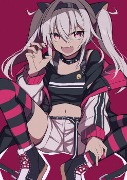 1girl absurdres animal_ears black_collar black_headband black_jacket black_shirt black_thighhighs cat_ears claw_pose collar dark-skinned_female dark_skin fake_animal_ears fang grey_hair headband highres jacket long_hair looking_at_viewer matsukai_mao matsukai_mao_(1st_costume) nijisanji open_mouth red_background red_thighhighs sakura_mo_chiy shirt shorts smile solo spiked_collar spikes striped_clothes striped_thighhighs thighhighs twintails virtual_youtuber white_shorts