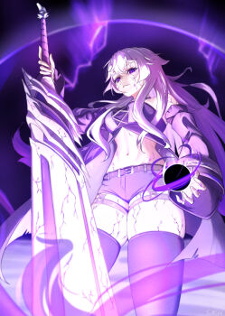 1girl aura bandeau bare_shoulders belt black_bandeau black_belt black_shorts black_sleeves black_thighhighs breasts cleavage commentary commission dark_aura detached_sleeves grey_hair groin hair_between_eyes highres holding holding_sword holding_weapon huge_weapon long_hair looking_at_viewer medium_breasts midriff navel original parted_lips planted planted_sword planted_weapon purple_eyes short_shorts shorts sidelocks skindentation solo standing strapless sword thigh_strap thighhighs tsukigix veins veiny_arms veiny_face veiny_thighs vgen_commission weapon white_hair