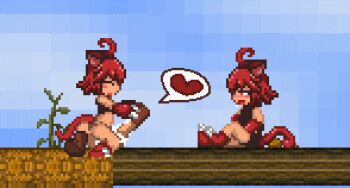 1boy 2girls animal_ears animated animated_gif bare_shoulders blueskin_no_mori blush boots bottomless breath breathing_(animated) cat_ears cat_tail claws cum ejaculation flat_chest foot_grab forest_of_blue_skin heart lowres masturbation monster_girl multiple_girls pixel_art red_eyes red_hair sex short_hair sitting sky spoken_heart straddling tail thigh_straddling zell_(999)