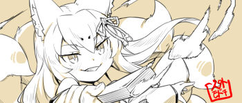 1girl animal_ear_fluff animal_ears blush brown_background commentary english_commentary folding_fan fox_ears fox_girl fox_tail grin hair_between_eyes hair_ribbon hand_fan holding holding_fan japanese_clothes jingai_modoki kimono kitsune long_hair long_sleeves looking_at_viewer mon-musu_quest! monochrome monster_girl motion_blur multiple_tails ribbon seal_impression simple_background slit_pupils smile solo tail tamamo_(mon-musu_quest!) upper_body v-shaped_eyebrows