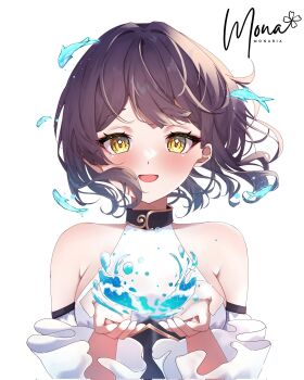 1girl armpit_crease bare_shoulders blush breasts brown_hair commentary dolphin dress english_commentary halter_dress halterneck hands_up highres hydrokinesis ibispaint_(medium) large_breasts looking_at_viewer original riria_mona1 short_hair simple_background smile solo straight-on swept_bangs upper_body water white_background white_dress yellow_eyes