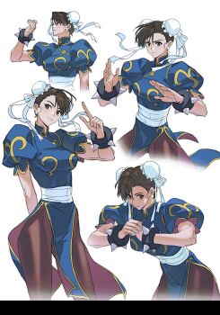 1girl absurdres bracelet breasts brown_eyes brown_hair brown_pantyhose capcom chinese_clothes chun-li closed_mouth double_bun earrings fighting_stance hair_bun hashtag-only_commentary highres jewelry looking_at_viewer medium_breasts multiple_views pantyhose serious short_hair simple_background smile spiked_bracelet spikes street_fighter white_background yiguan_li