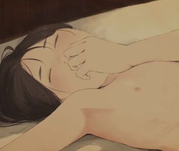 1girl armpits bad_tag brown_hair closed_eyes covering_own_mouth flat_chest helmet highres loli lying nipples nude on_back original otohime_(youngest_princess) solo upper_body