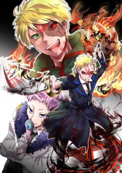 Rule 34 | 3boys, anti-eyebrow piercing, black sclera, blonde hair, blue eyes, brothers, burn scar, colored sclera, commentary request, cutlass, ear piercing, face piercing, fugo dressel, fur-trimmed jacket, fur trim, green eyes, hand fan, highres, higyaku no noel, holding, holding fan, hood, hooded jacket, jacket, jino lorenzi, love-volleyandsoccer, male focus, multiple boys, oscar dressel, piercing, pink hair, police, police uniform, scar, scar across eye, scar on face, short hair, siblings, smile, sword, weapon