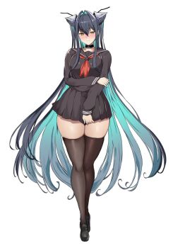 1girl 384muchimuchi absurdly_long_hair alternate_costume black_hair black_serafuku black_shoes black_skirt black_thighhighs breasts colored_inner_hair commentary_request goddess_of_victory:_nikke green_hair hair_intakes highres large_breasts little_mermaid_(nikke) long_hair looking_at_viewer miniskirt multicolored_hair neckerchief pleated_skirt red_neckerchief school_uniform serafuku shoes simple_background skirt solo thighhighs thighs two-tone_hair very_long_hair white_background yellow_eyes zettai_ryouiki