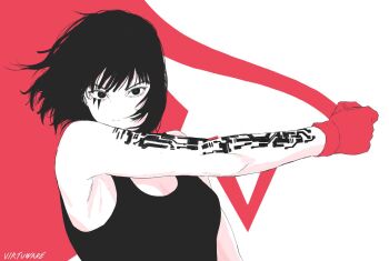 1girl arm_tattoo black_eyes black_hair breasts commentary copyright_logo copyright_name english_commentary eye_tattoo facial_tattoo faith_connors fingerless_gloves gloves highres logo looking_at_viewer mirror's_edge_(series) red_gloves shirt short_hair solo tank_top tattoo virtuware