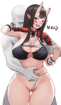 1boy 1girl absurdres arm_around_neck armor artist_request assisted_exposure belly_grab blush breasts broken_horn brown_hair cleavage clothing_aside commission cowboy_shot faceless faceless_male facial_mark fundoshi fundoshi_aside fundoshi_lift gluteal_fold grabbing_another's_breast grabbing_from_behind groping hand_under_clothes hetero highres horns japanese_armor japanese_clothes large_breasts long_hair o-ring o-ring_top oni oni_horns open_mouth original pointy_ears second-party_source shoulder_armor sidelocks simple_background sode teeth thighs upper_teeth_only white_background