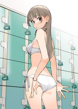 1girl adjusting_clothes adjusting_swimsuit ass back bikini blunt_bangs blush bow braid breasts brown_eyes brown_hair from_behind imasara_desu_ga_osananajimi_wo_suki_ni_natte_shimaimashita locker locker_room medium_breasts official_art red_bow shirasaka_hikari single_braid solo swimsuit textless_version white_bikini yomu_(sgt_epper)