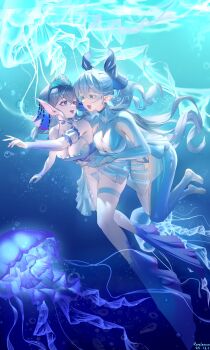 Rule 34 | 2girls, bare shoulders, bikini, blue background, breasts, cleavage, commentary request, demon girl, demon horns, duel monster, full body, grey hair, highres, horns, kitkallos (yu-gi-oh!), large breasts, long hair, lovely labrynth of the silver castle, multiple girls, one-piece swimsuit, pointy ears, rare lemon, swimsuit, tearlaments kitkallos, underwater, white bikini, white one-piece swimsuit, yu-gi-oh!, yuri