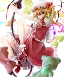 Rule 34 | 1girl, absurdres, blonde hair, crystal wings, dress, flandre scarlet, frilled dress, frills, full body, gumi (fwjn7284), hat, hat ribbon, highres, laevatein (touhou), mary janes, red dress, red footwear, red ribbon, ribbon, shoes, side ponytail, simple background, solo, stuffed animal, stuffed toy, teddy bear, touhou, white background, white mob cap