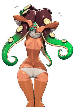 1girl ass backboob breasts brown_hair butt_crack cameltoe clothes_lift cowboy_shot dark-skinned_female dark_skin facing_away flying_sweatdrops from_behind gradient_hair green_hair highres koharu2.5 lifting_own_clothes long_hair lowleg lowleg_panties marina_(splatoon) median_furrow medium_breasts multicolored_hair narrow_waist nintendo octoling panties partially_visible_vulva shirt shirt_lift skindentation solo splatoon_(series) tan tanline tentacle_hair thigh_gap underwear white_background white_panties white_shirt wide_hips