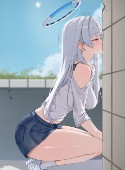 1girl absurdres alternate_costume ass bare_shoulders blue_archive blurry blurry_background breasts casual cloud day denim denim_shorts from_side grey_hair halo highres implied_fellatio lanhua227 large_breasts mechanical_halo noa_(blue_archive) off-shoulder_shirt off_shoulder shirt shorts solo squatting