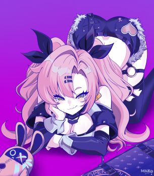 1girl absurdres amillion_(zenless_zone_zero) bangboo_(zenless_zone_zero) black_ribbon black_shorts black_thighhighs breasts briefcase closed_mouth commentary commentary_request detached_sleeves english_commentary foot_out_of_frame green_eyes hair_ribbon half-closed_eyes highres kurimako large_breasts long_hair looking_at_viewer mixed-language_commentary mole mole_on_breast mole_under_eye nicole_demara parted_bangs pink_hair purple_background ribbon shorts simple_background smile solo_focus thighhighs top-down_bottom-up torn_clothes torn_thighhighs two_side_up zenless_zone_zero