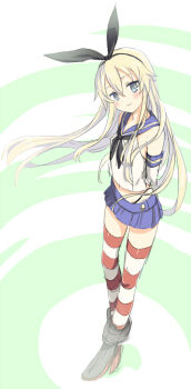 Rule 34 | 1girl, arms behind back, black neckerchief, black panties, blonde hair, blue eyes, blue sailor collar, blue skirt, blush, closed mouth, commentary, elbow gloves, gloves, highleg, highleg panties, kantai collection, long hair, looking at viewer, microskirt, miniskirt, neckerchief, panties, pleated skirt, rudder footwear, sailor collar, shimakaze (kancolle), simple background, skirt, solo, striped clothes, striped thighhighs, thighhighs, tobade (tbdfactory), two-tone background, underwear, white gloves